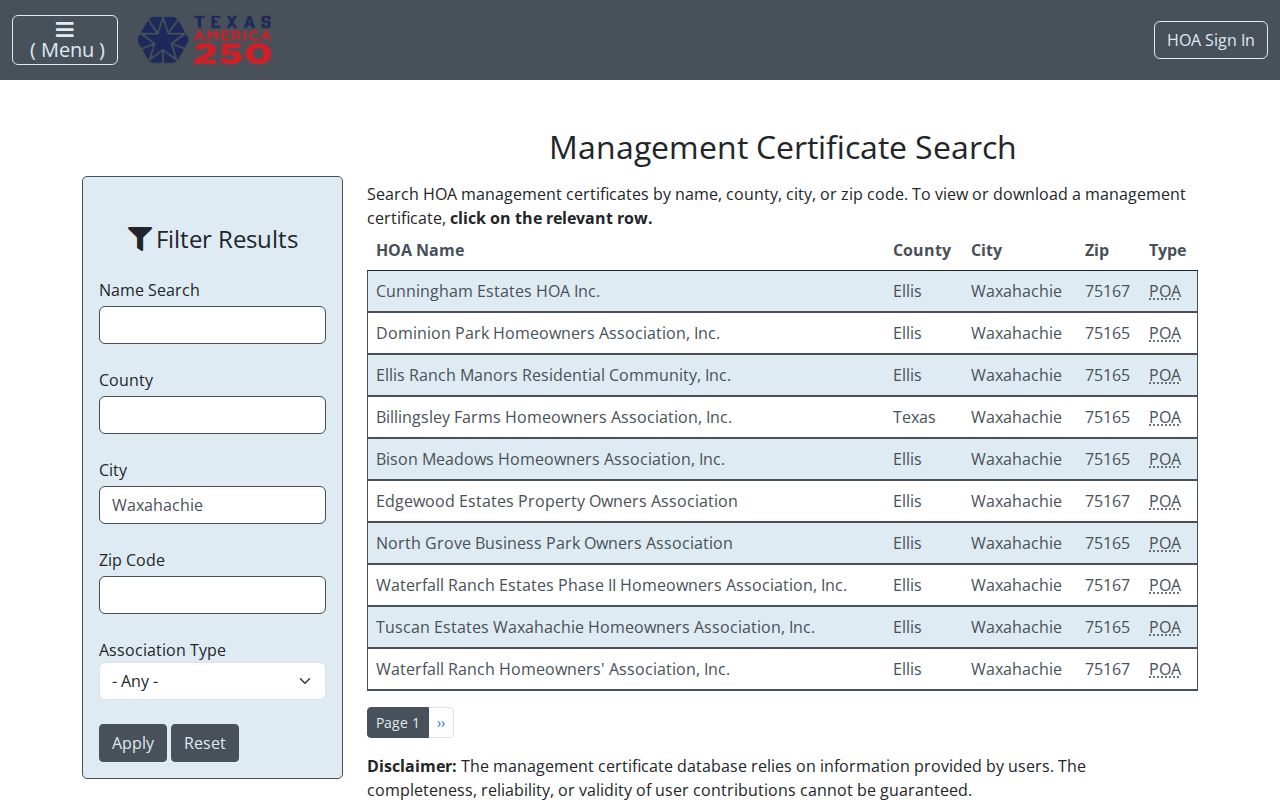 Waxahachie neighbors Texas HOA management certificate search