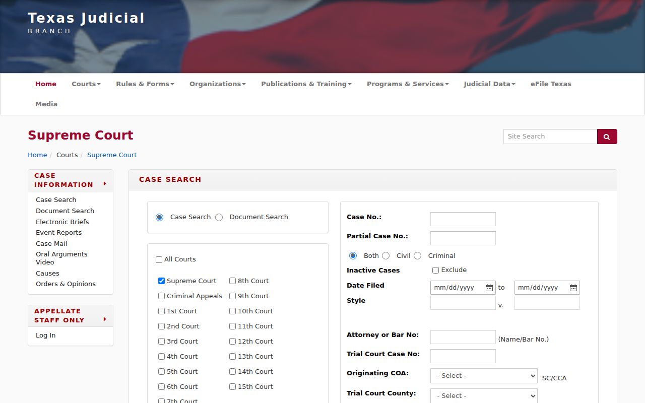 Waxahachie resident lookup Texas appellate case search fields