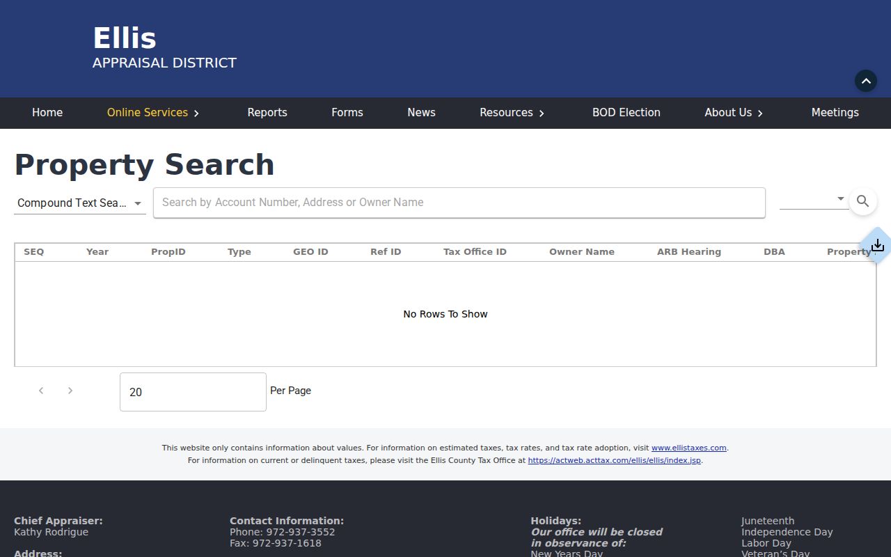 Waxahachie street directory ECAD property search screen for address and parcel research